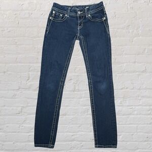 Miss Me Low Rise Skinny Jeans 27 x 30 Back Flap Pocket Bling Thick Stitch Y2K